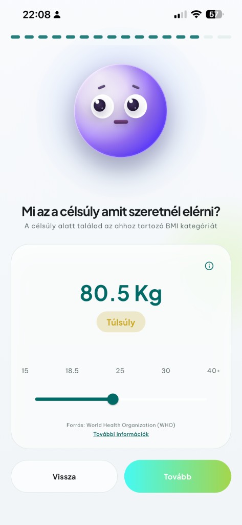 SúlyPont súlynapló: célsúly és BMI kategória beállítás